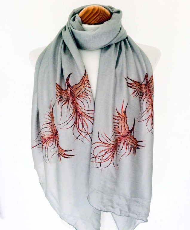 Phoenix Bird Scarf Spiritual Gift. Boho Fashion. Grey. Lightweight