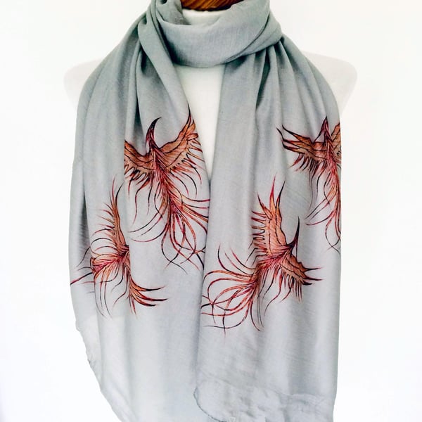 Phoenix Bird Scarf Spiritual Gift. Boho Fashion. Grey. Lightweight