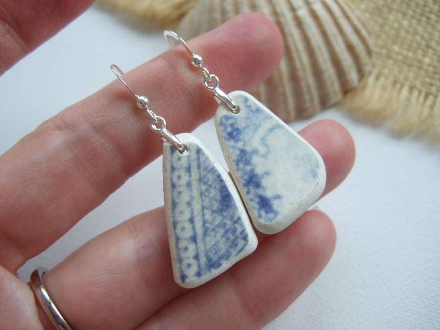 Scottish sea pottery blue jewellery, Dangling Sterling Silver Hooks