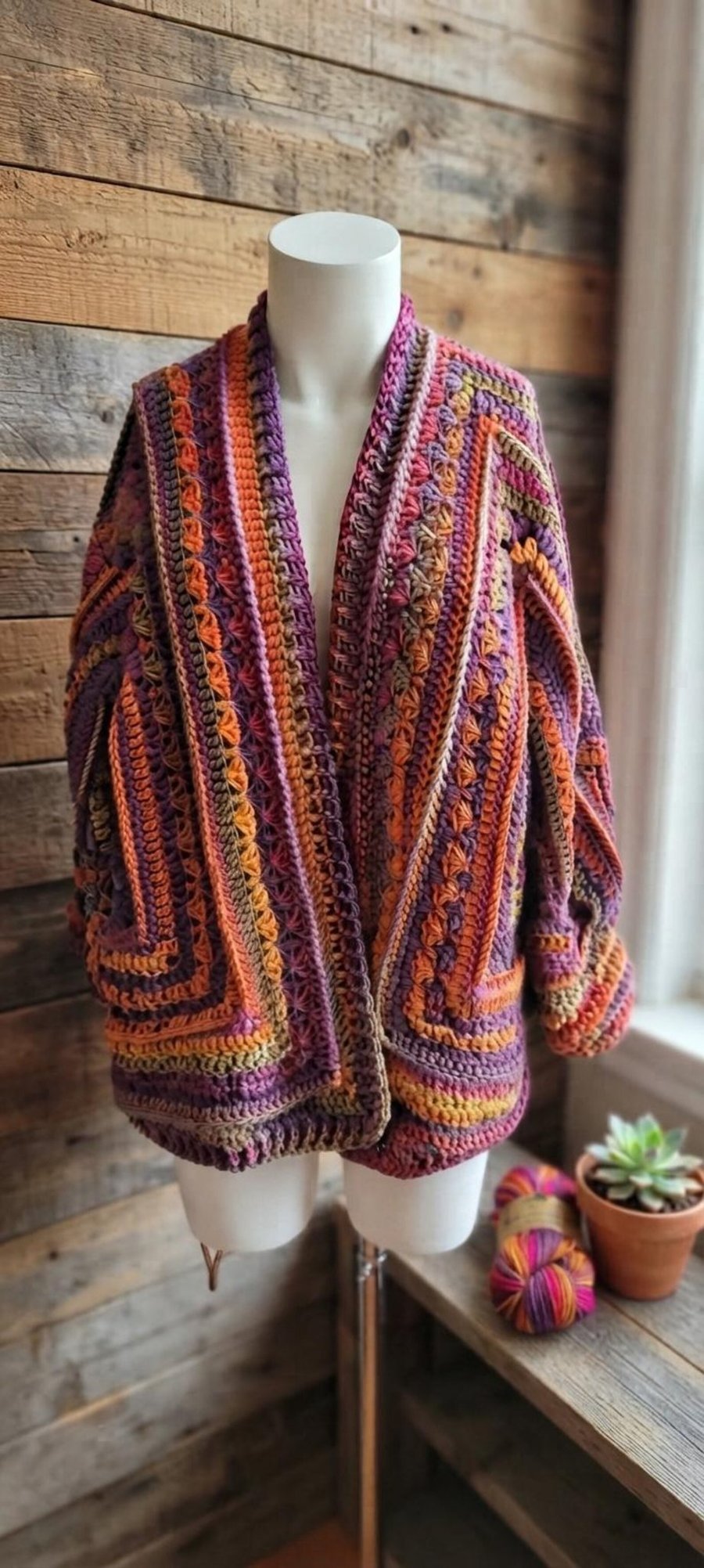 Handmade Hexagon Crochet Cardigan – Batik Boho Statement Jacket