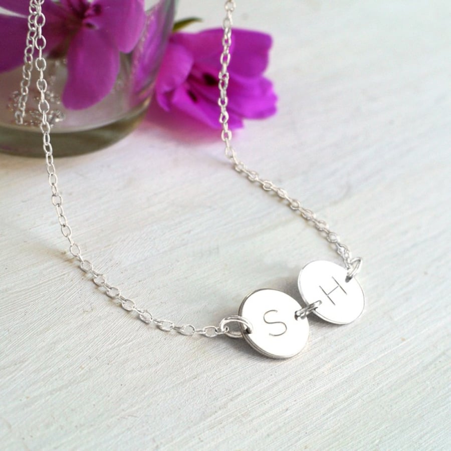 Personalised Sterling Silver Double Initial Disc Pendant Necklace, disc necklace