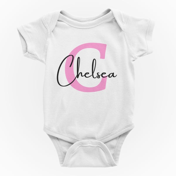 Personalised Shortsleeve Baby Grow -- Personalised Pink Initial With Name