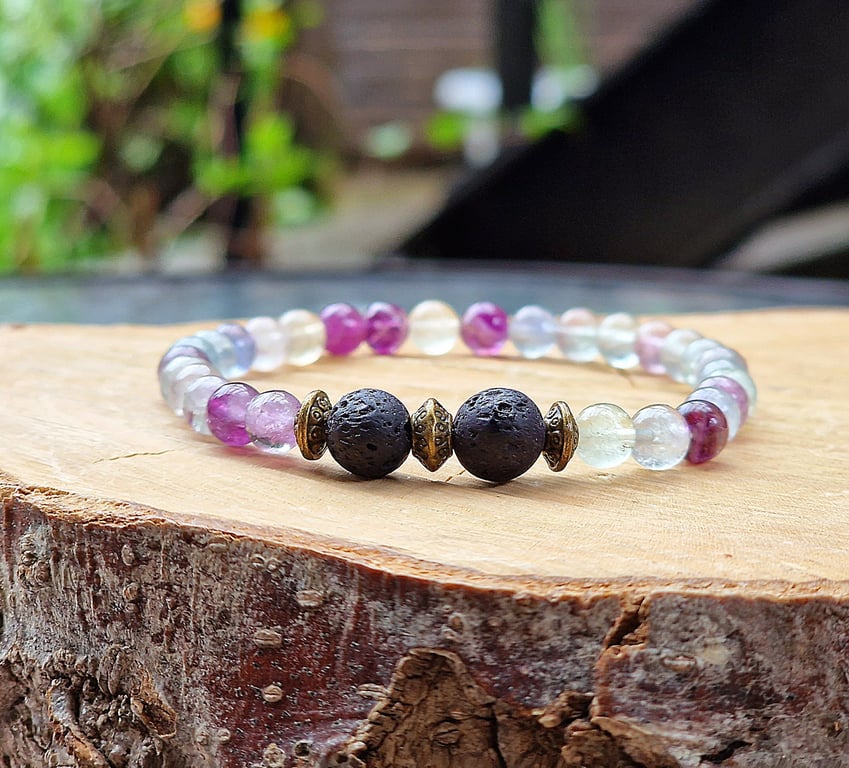 Fluorite diffuser beaded Bracelet - Gemstone Stretch Bracelet 