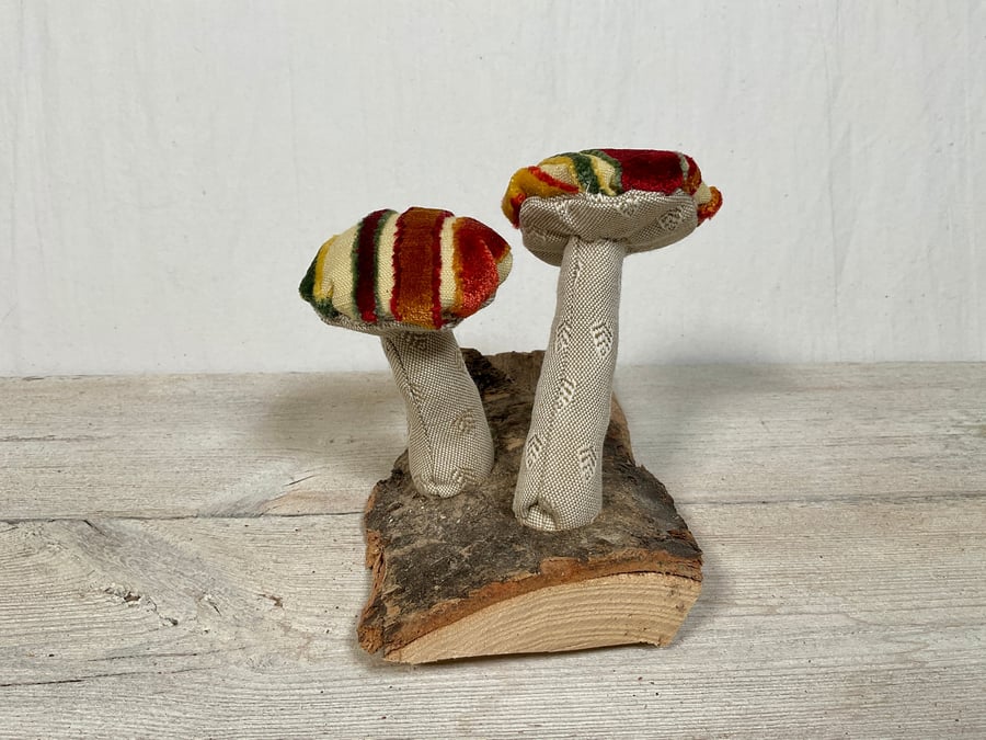 Fabric mushroom ornament. Fabric mushrooms on wood. Quirky room ornament. Gift f