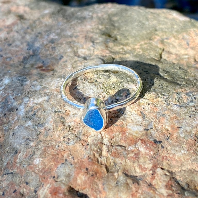 Blue Sea Glass and Hammered Sterling Silver Ring - Size O - 1365