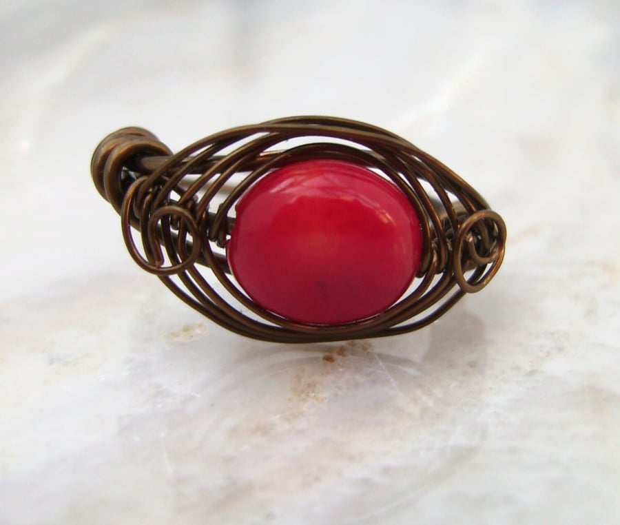 Red Coral Vintage Bronze Wire Wrapped Ring