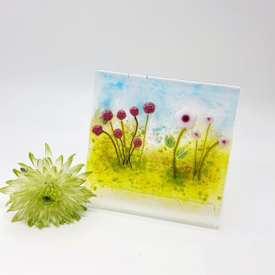 Fused Glass Flower Meadow Stand Alone Tile 