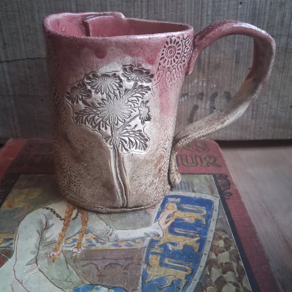 chamomile print mug in icy pink and toffee Ceramic handmade coffee mug 