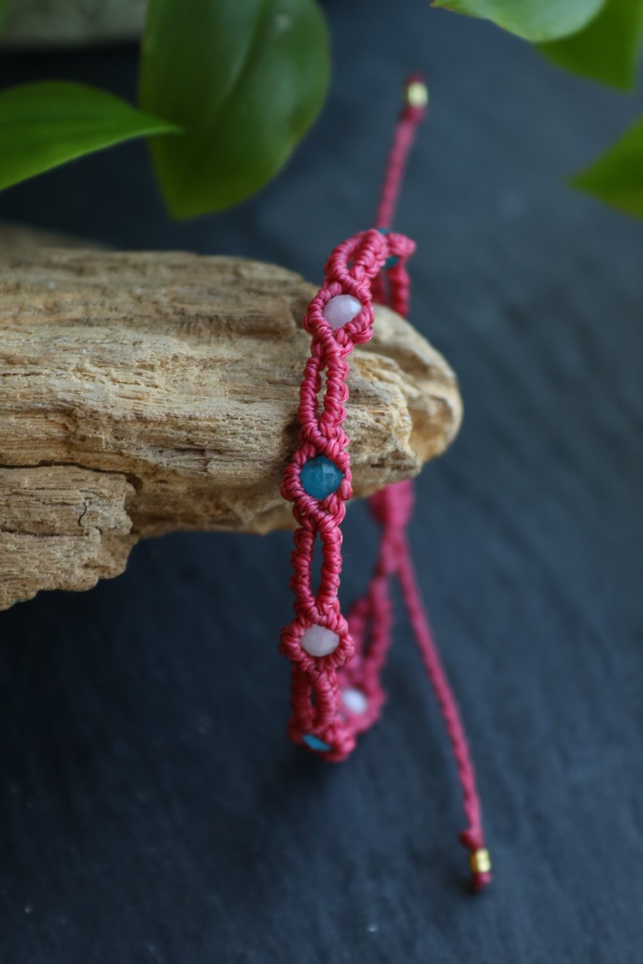 macrame bracelet with Apatite and Kunzite boho style