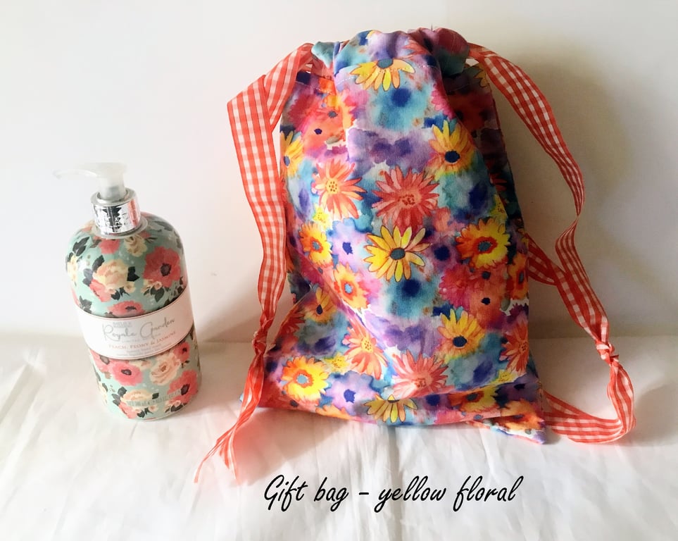Yellow Floral Drawstring Gift Bag, Eco Friendly Reusable Fabric Bag