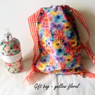 Yellow Floral Drawstring Gift Bag, Eco Friendly Reusable Fabric Bag