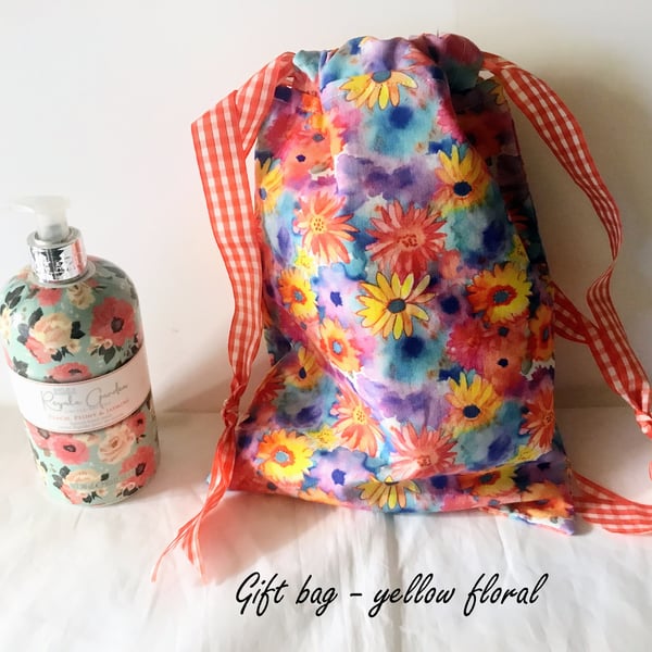 Yellow Floral Drawstring Gift Bag, Eco Friendly Reusable Fabric Bag