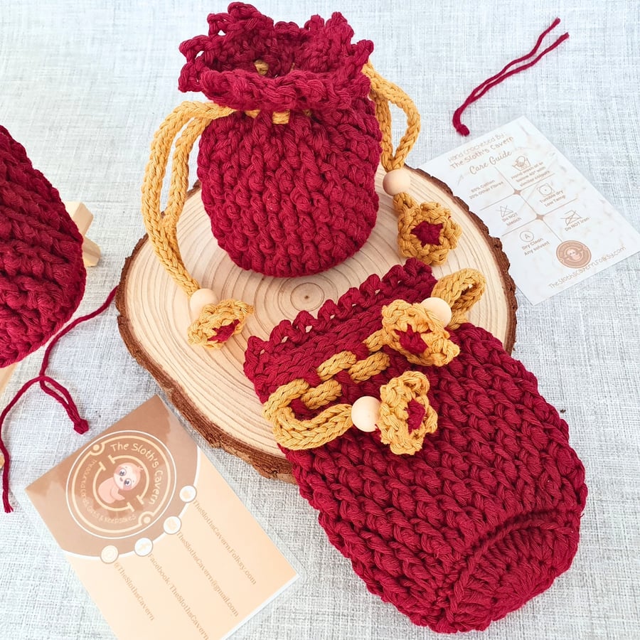 Small Crochet Drawstring Pouch, Favour Bag - Burgundy & Mustard, Gift Bag