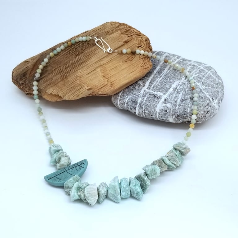 Amazonite Gemstones, Handmade Porcelain Green Leaf and Sterling Silver Hook