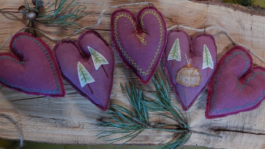 In the forest Naturally dyed-Lino printed small heart 56cm-Bunting, wall hanging