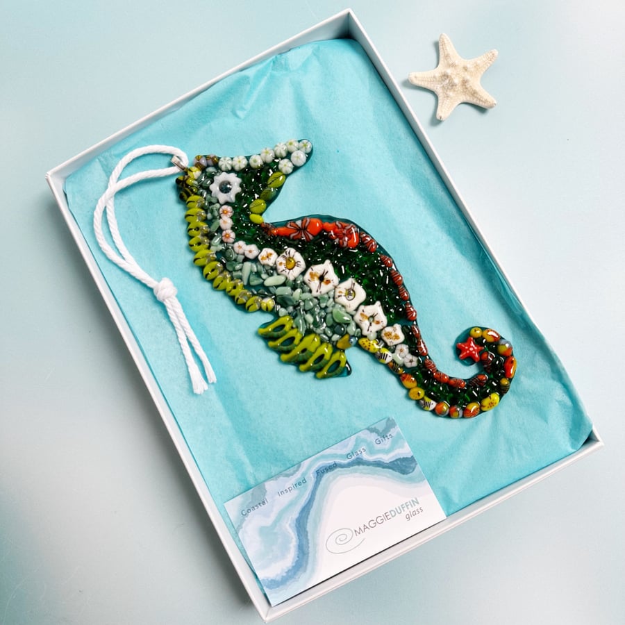 Textured Fused Glass Hanging Seahorse with Orange