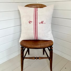 Vintage monogram grain sack cushion, vintage fabric, decorative cushion