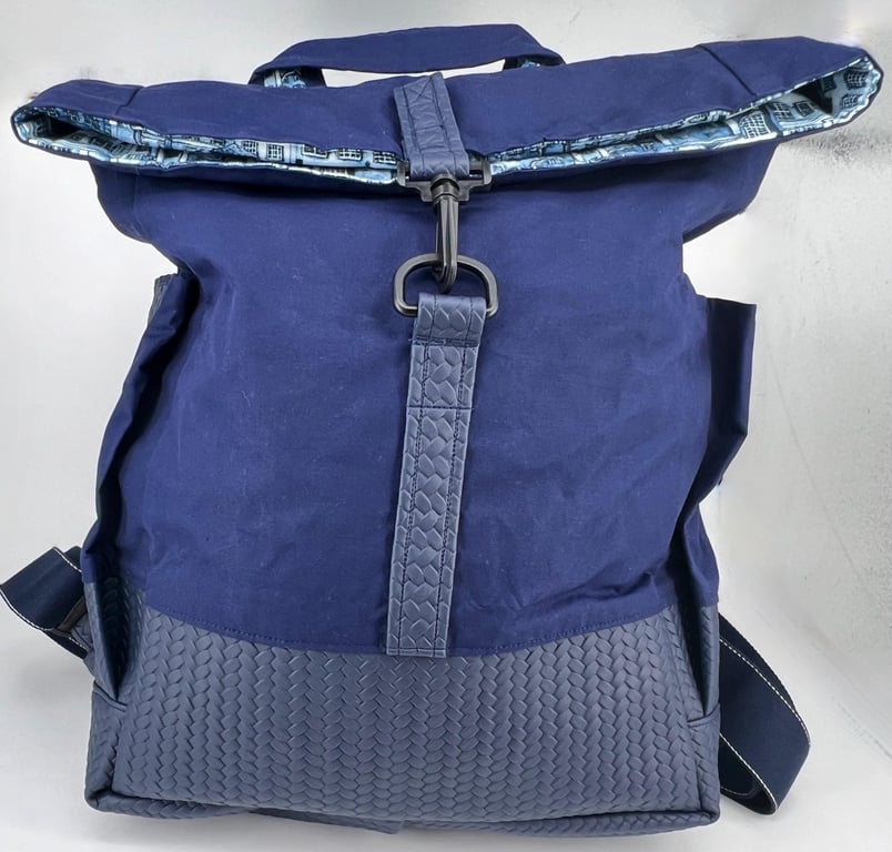 Handmade navy dry cotton oilskin and faux leather fold-over fully lined backpack