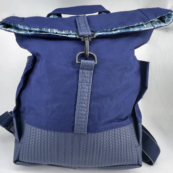 Handmade navy dry cotton oilskin and faux leather fold-over fully lined backpack