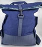 Handmade navy dry cotton oilskin and faux leather fold-over fully lined backpack