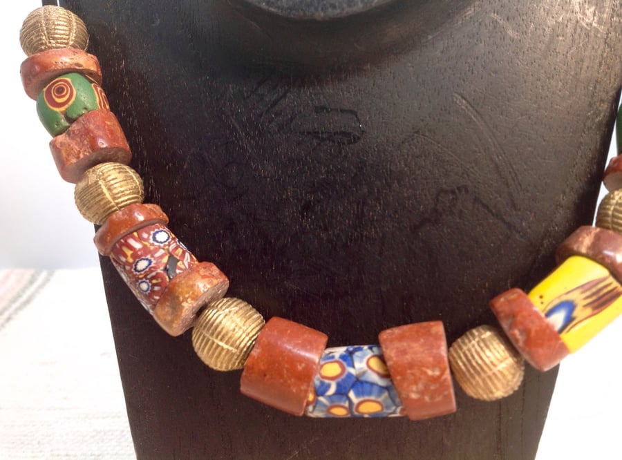 Mans bauxite bead necklace with rare  trade beads and handmade brass beads