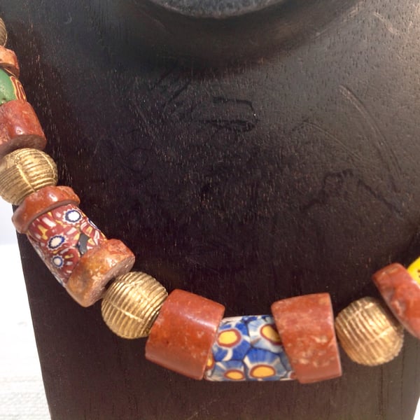 Mans bauxite bead necklace with rare  trade beads and handmade brass beads