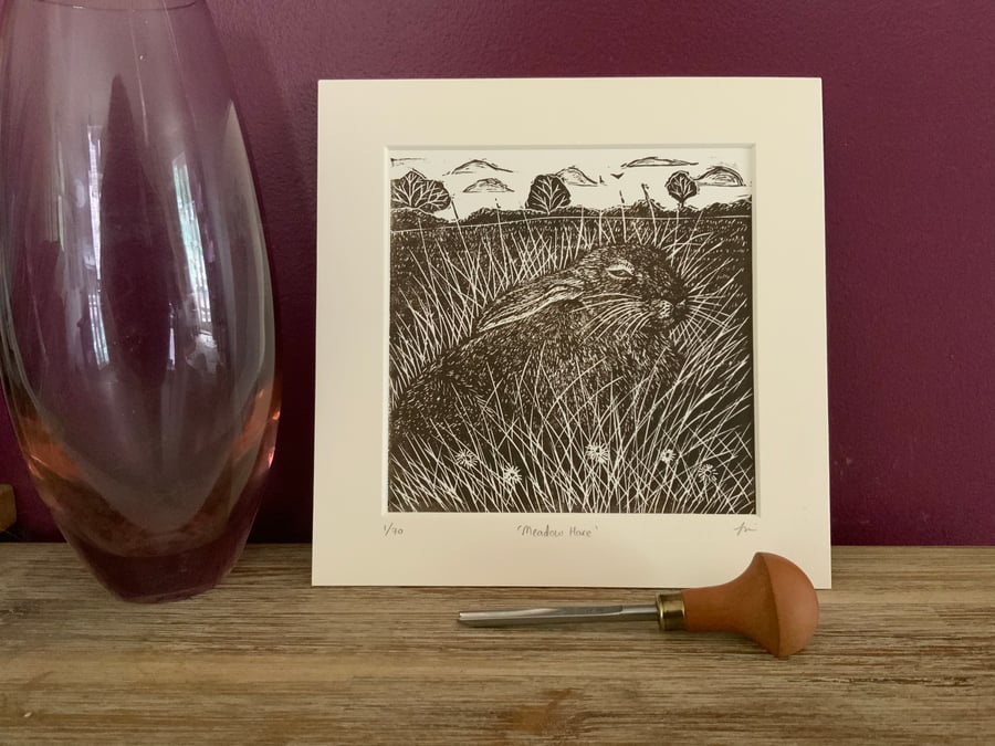 Hare linocut print, an original limited edition lino print of a brown hare