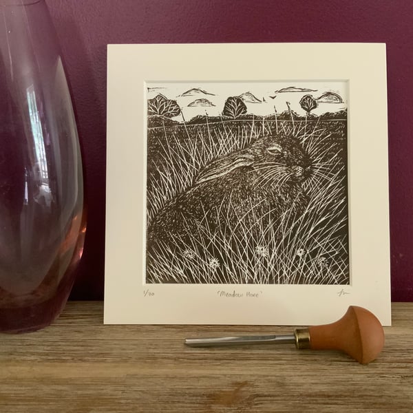 Hare linocut print, an original limited edition lino print of a brown hare