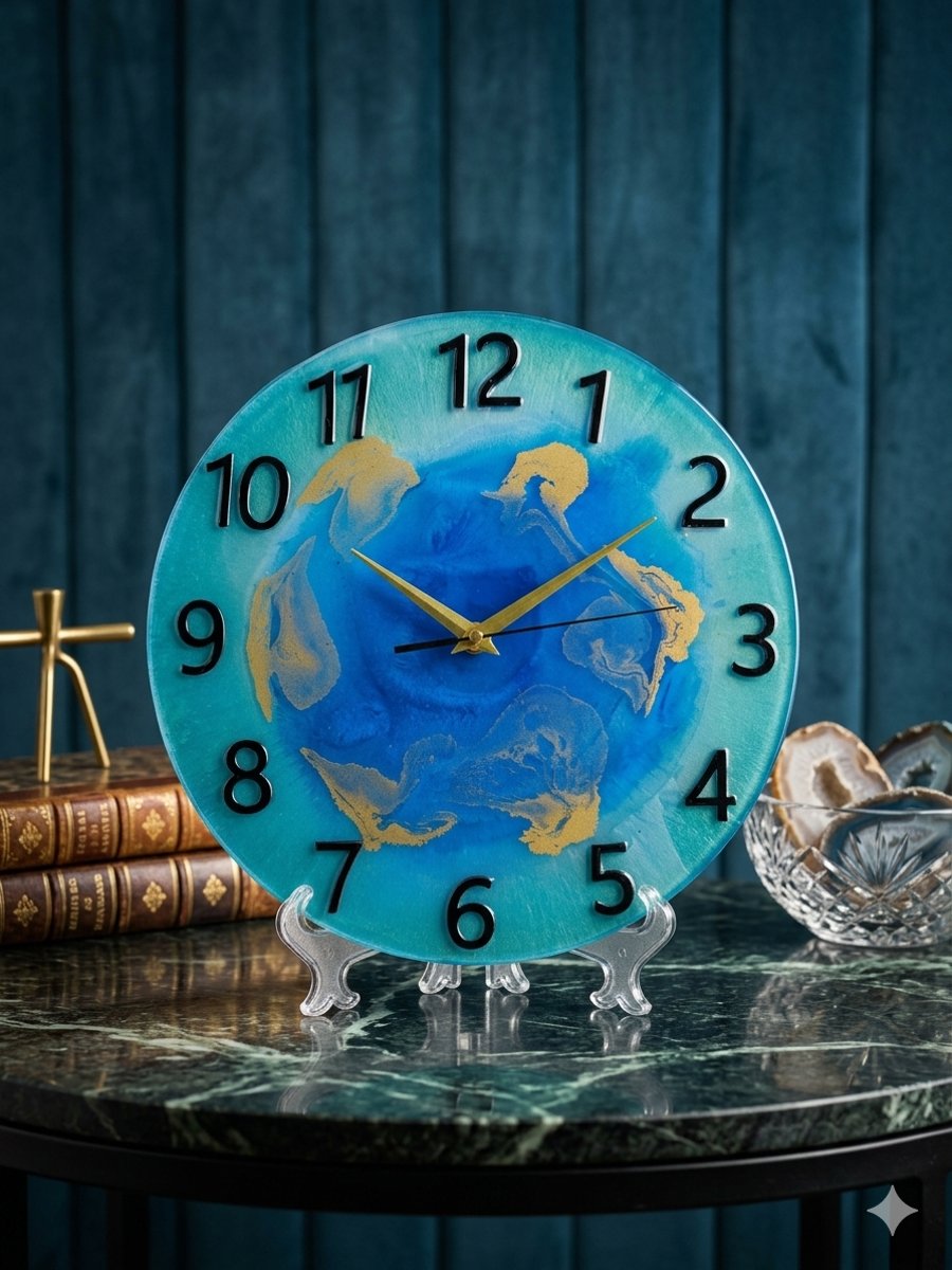 Handmade teal and purple epoxy resin clock with hanger. Battery operated.