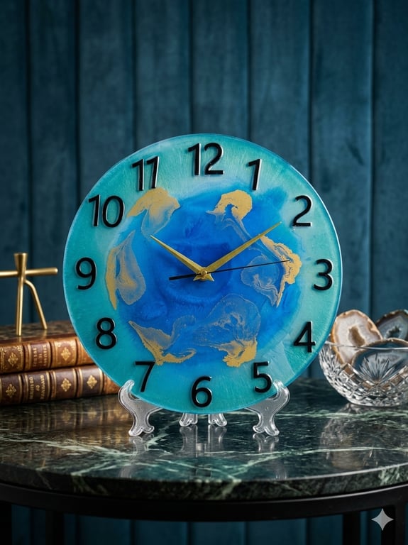 Handmade teal and purple epoxy resin clock with hanger. Battery operated.