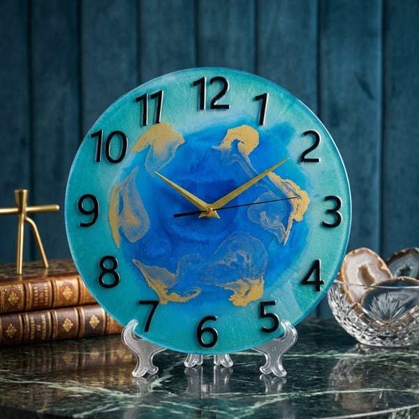 Handmade teal and purple epoxy resin clock with hanger. Battery operated.