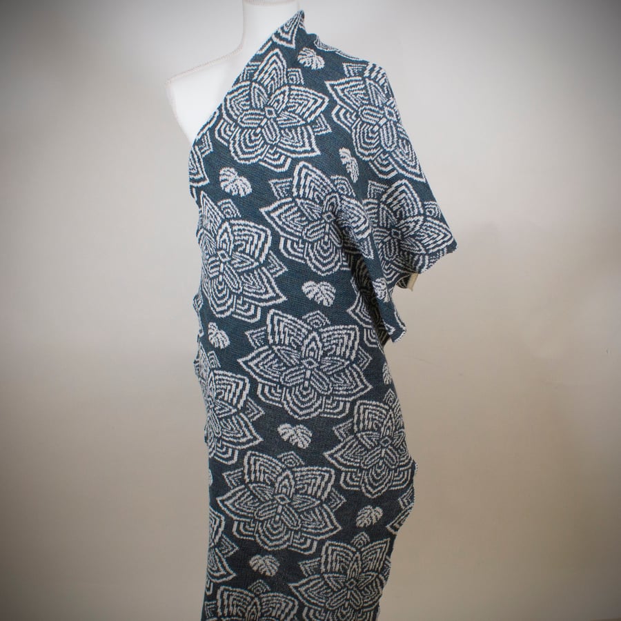 Botanical Design Shawl in Blue and White