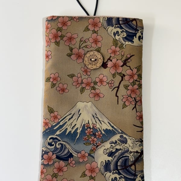 Soft Glasses Case, Mount Fuji Cherry Blossom Print, Japanese Eyeglass Pouch, Wav