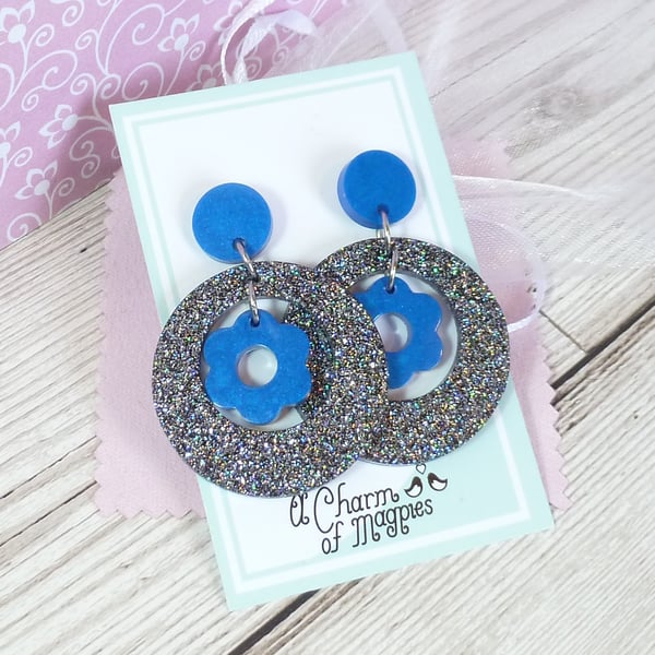 Blue and silver dangle earrings, blue flower resin earrings, glitter resin 