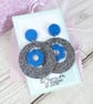 Blue and silver dangle earrings, blue flower resin earrings, glitter resin 