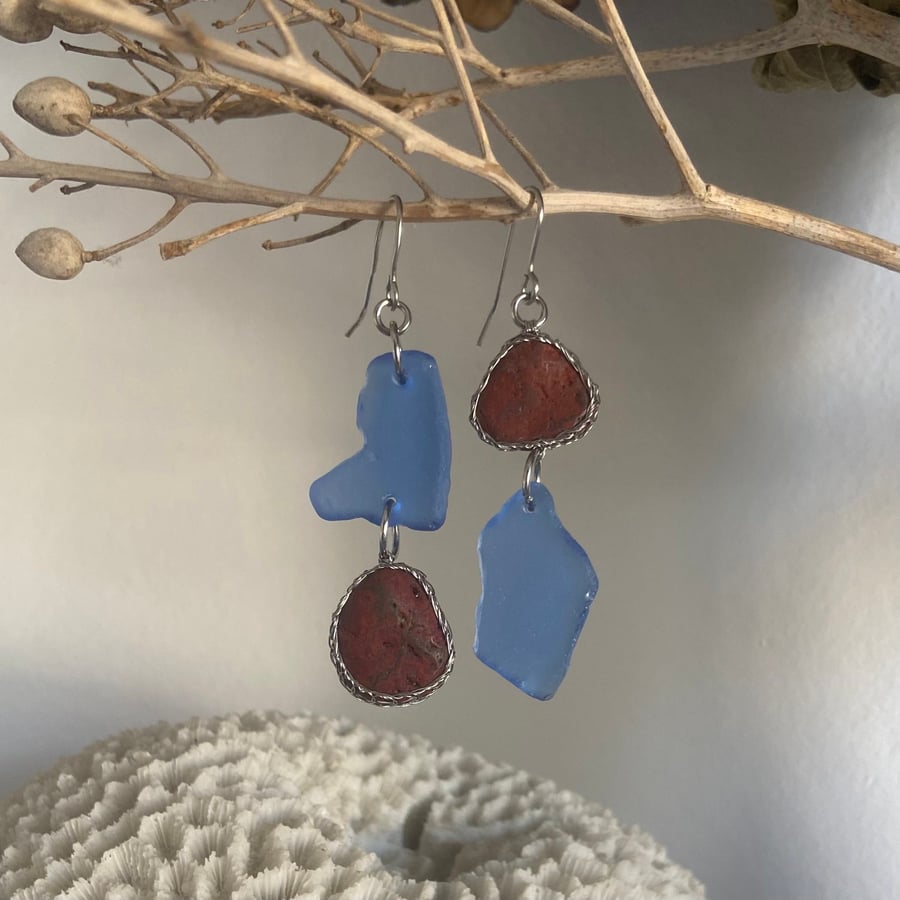 Red jasper and electric blue sea glass earrings 
