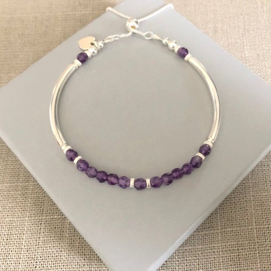 Purple Amethyst Sterling Silver Heart Charm Bracelet