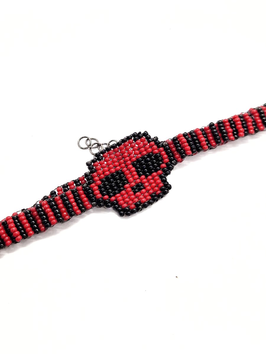 Red and black beaded skull striped choker necklace