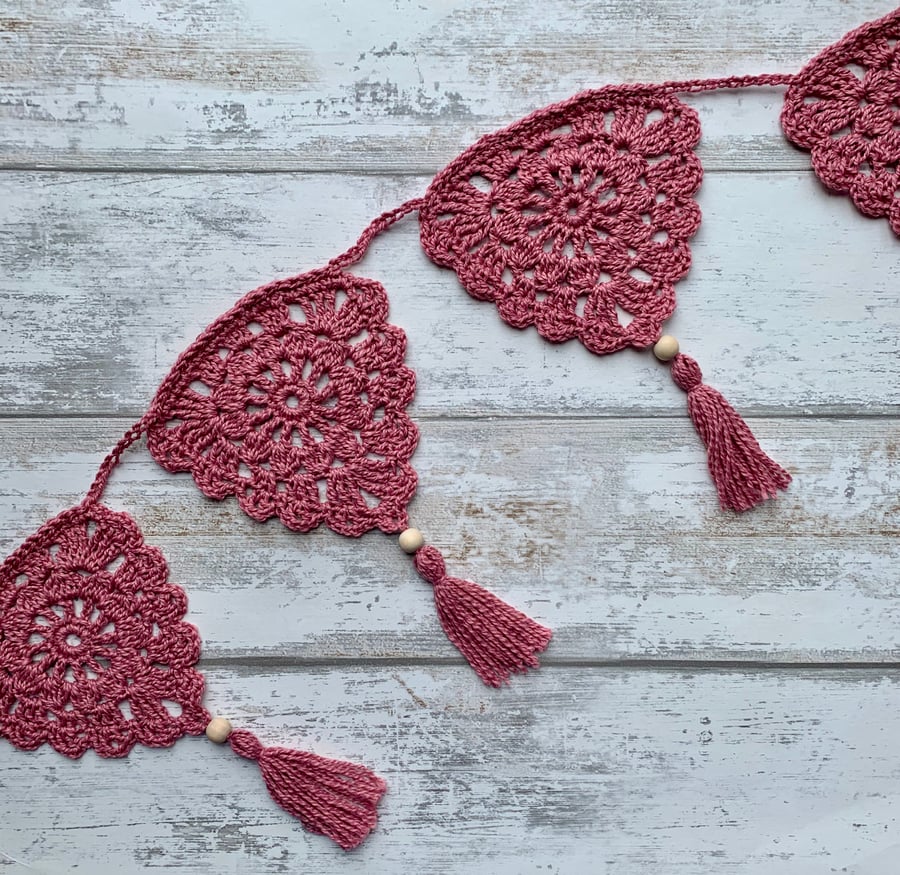 Handmade crochet boho vintage bunting in rose pink cotton and silk yarn