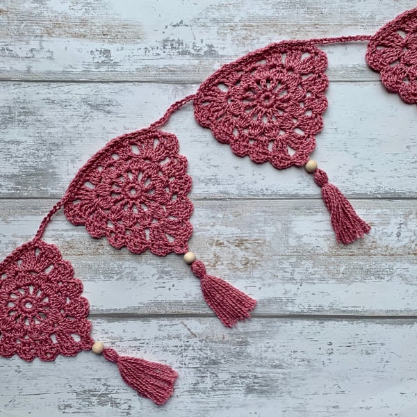 Handmade crochet boho vintage bunting in rose pink cotton and silk yarn