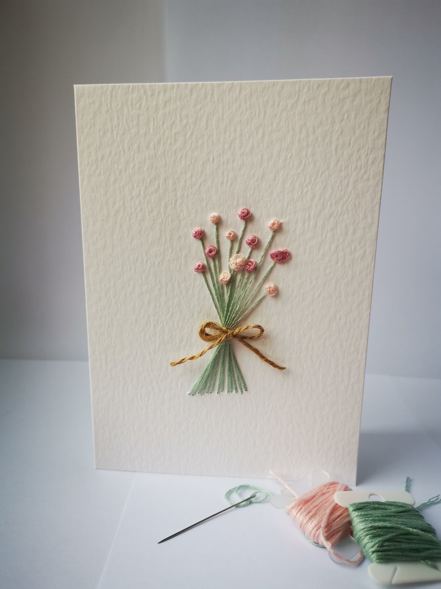 Hand embroidered greeting card - Rosebud bouquet