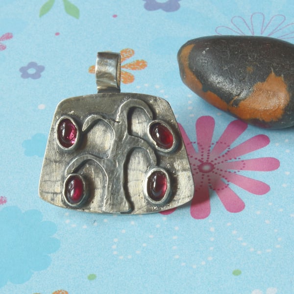 Seconds Sunday - Silver Magic Tree Pendant - Silver And Polished Garnet Stones