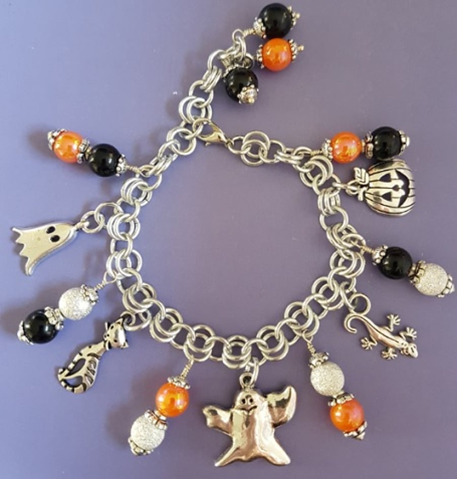 Spooky Black and Orange Halloween charm bracelet