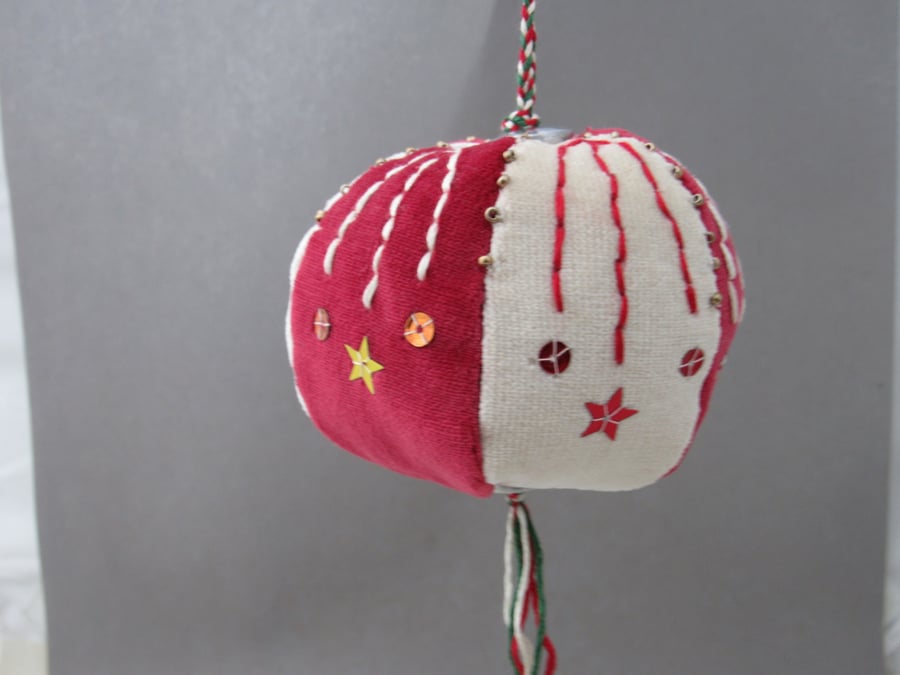 Beaded Red and Cream Velvet Hanging Bauble
