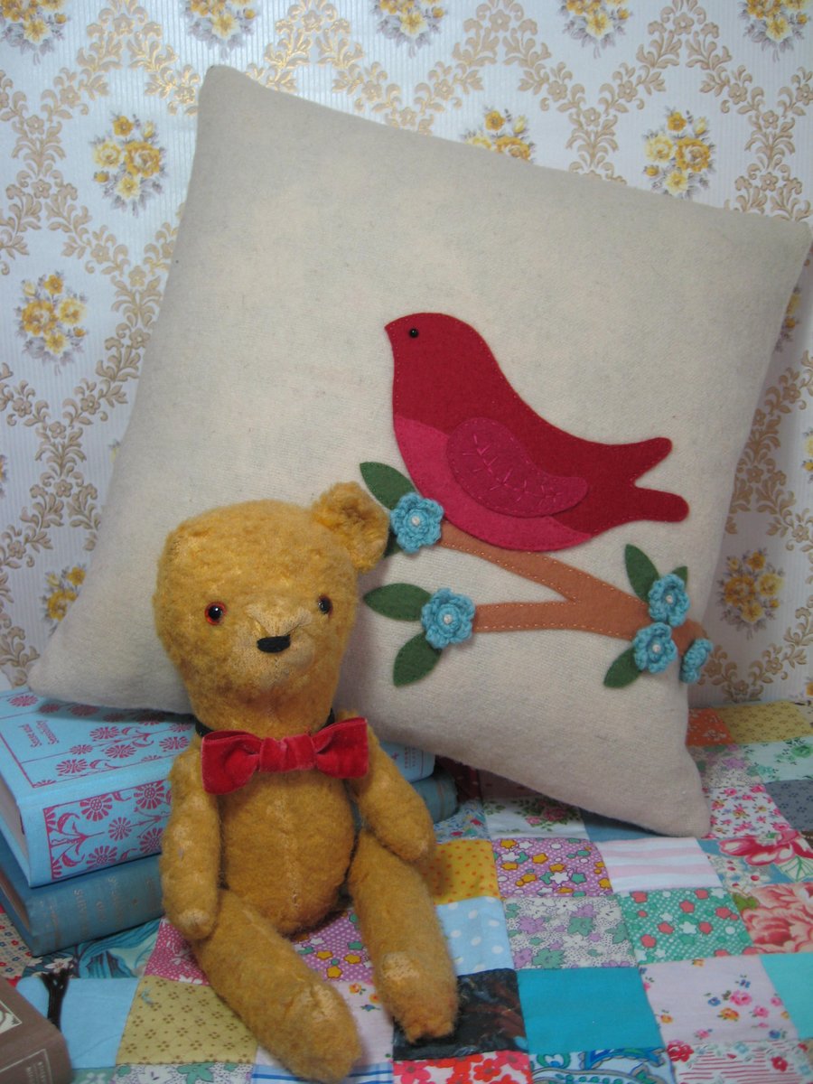Hand appliqued bird cushion cover