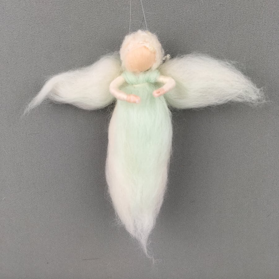 Whimsical woollen fairy, angel in white and mint green merino wool