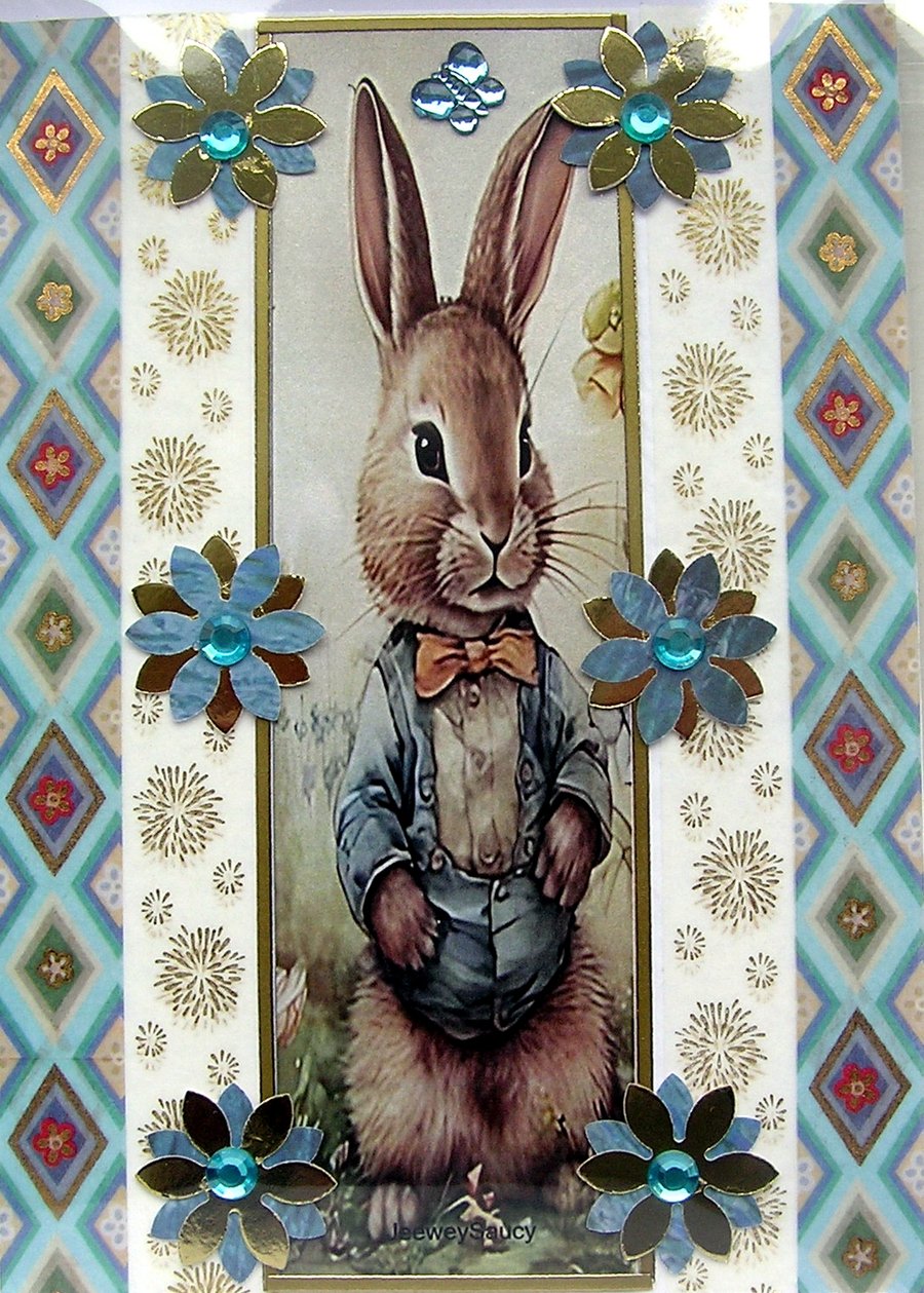 Cute Rabbit - Hand Crafted Decoupage Greeting Card - Blank (3149)