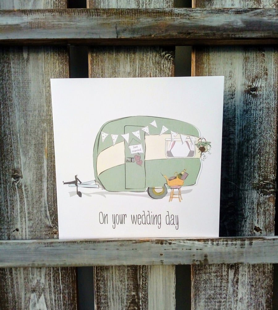 Wedding card, Wedding caravan card, bride and groom, vintage caravan card