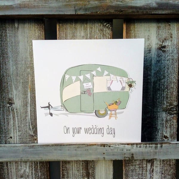 Wedding card, Wedding caravan card, bride and groom, vintage caravan card