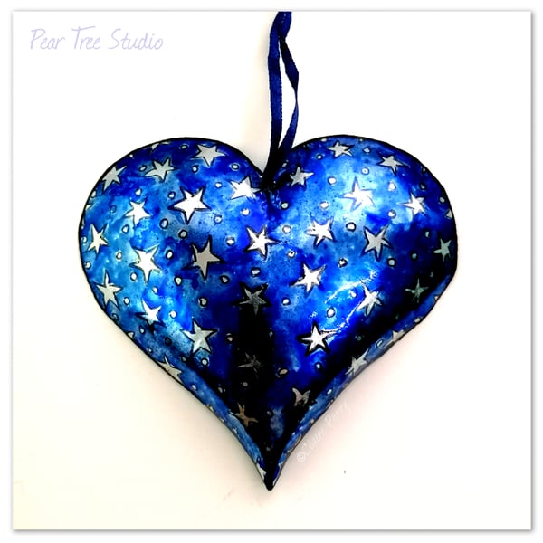 Blue Embossed Metal Heart decoration with star pattern. Hand Made. 